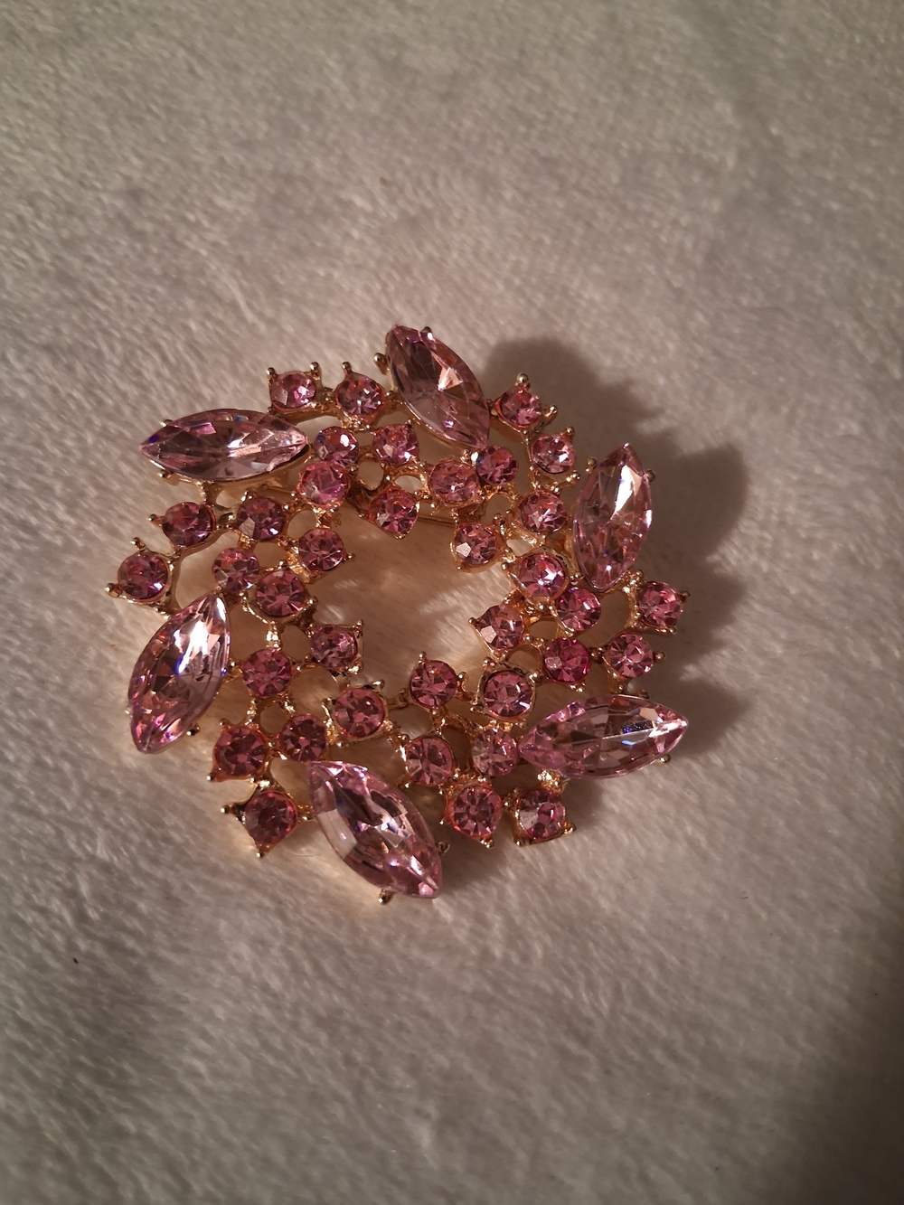 Pink Crystal Floral Wreath Brooch - Gold Tone